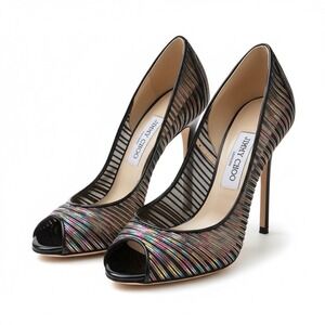 Jimmy Choo Peep Toe Stiletto Heels Black Patent Metallic Mesh Women's 37